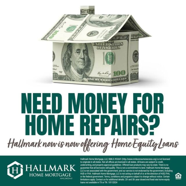 Need money for home repairs? A home equity loan might be the solution you are looking for. Contact us today to see if a home equity loan is the right option for you! https://www.hallmarkhomemortgage.com/ #HHM #yourcommunitylender